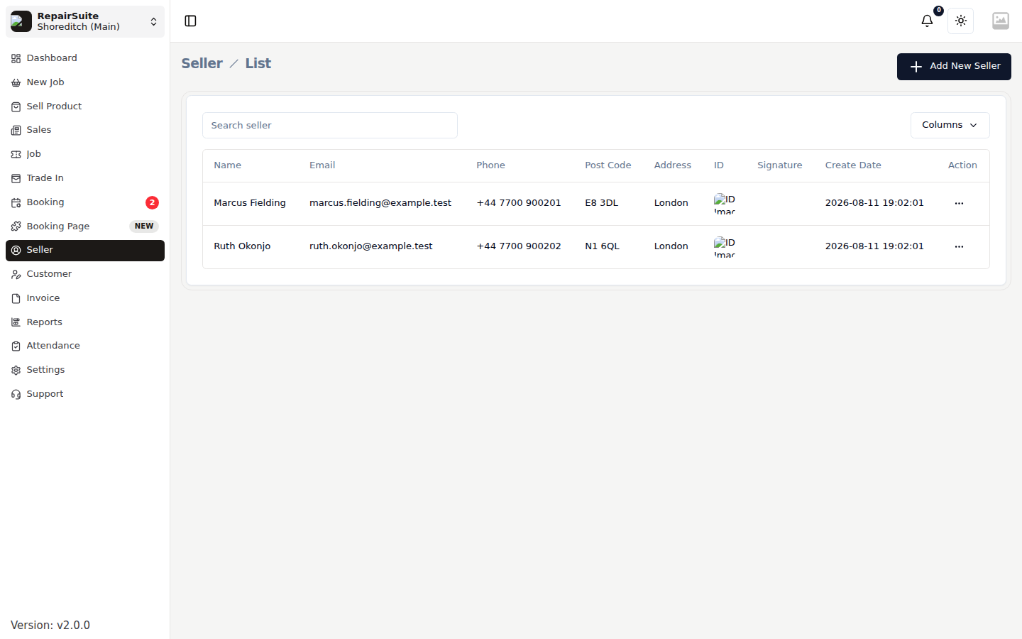 Seller list showing each seller with their reference, name, phone, email and address
