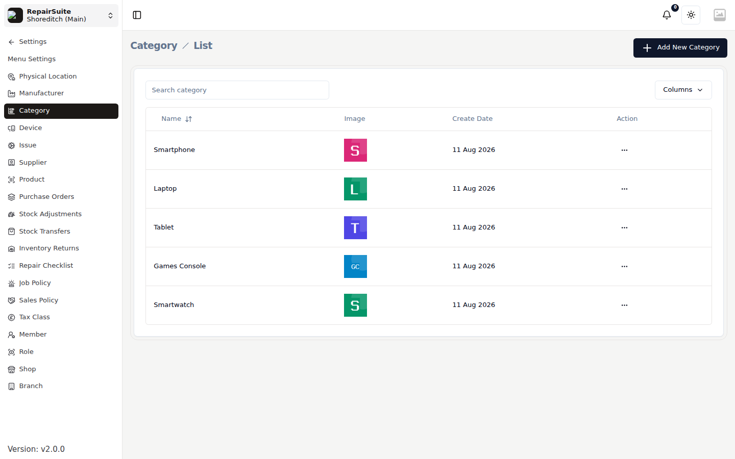Category list showing device categories with Name, Icon, and action buttons