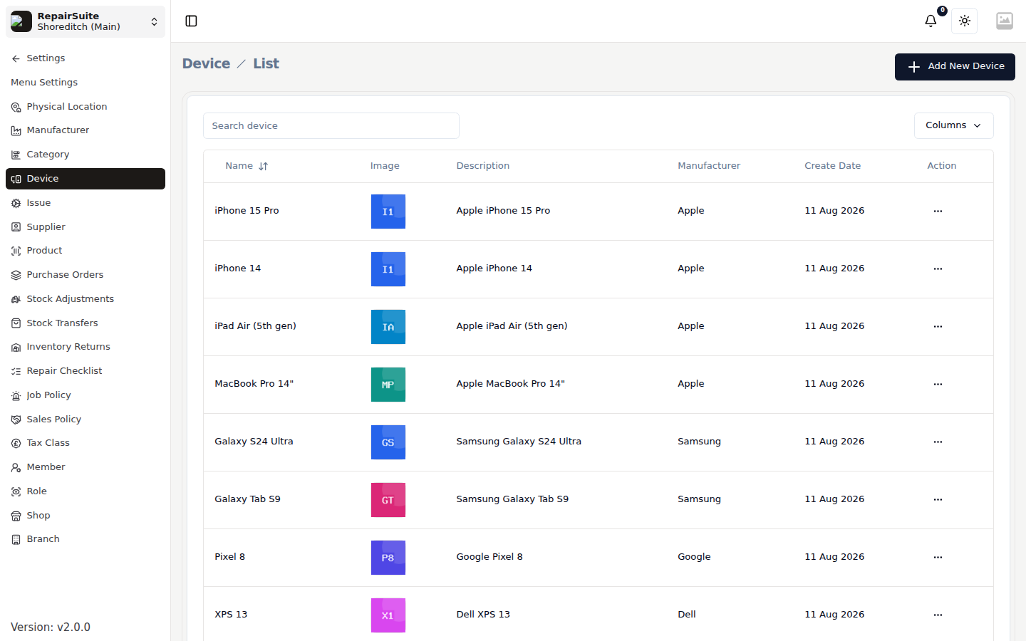 Device list showing devices grouped by manufacturer and category