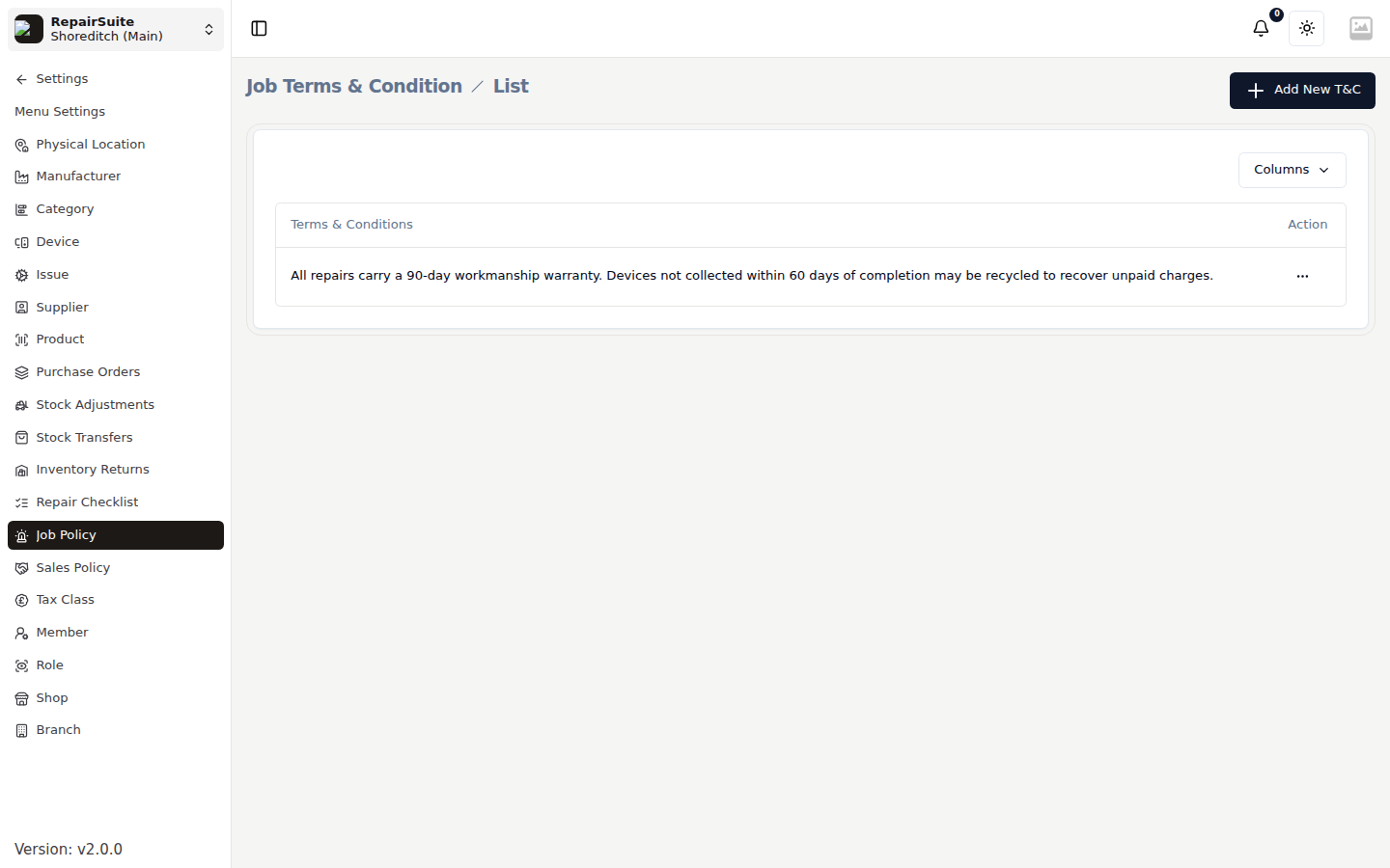 Job Policy settings showing the rich-text editor for the repair terms printed on job invoices