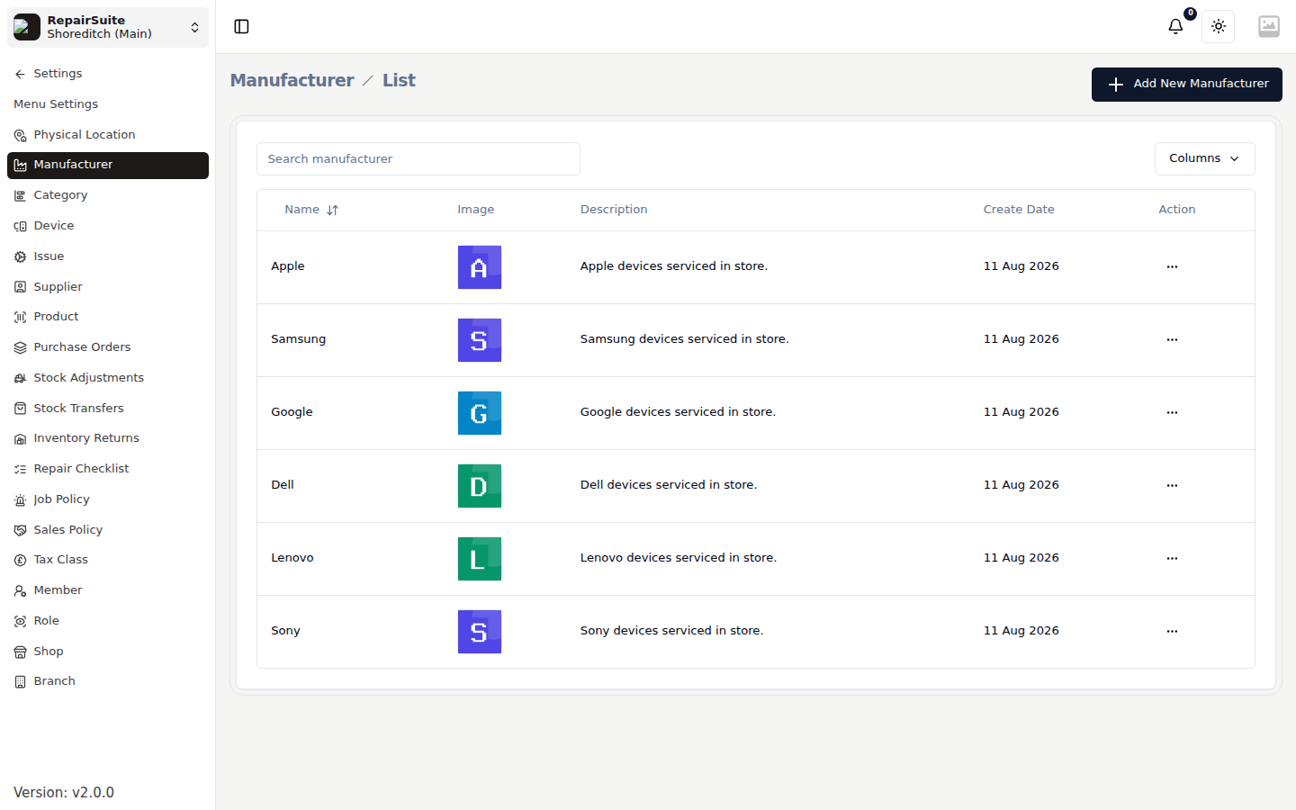 Manufacturer list with name, category, and action buttons