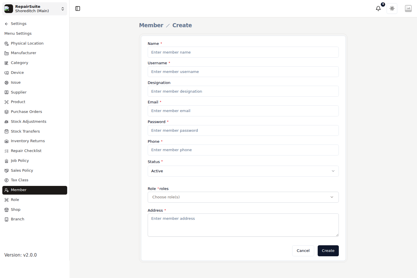 Member create form with name, email, password, role selection and branch assignment