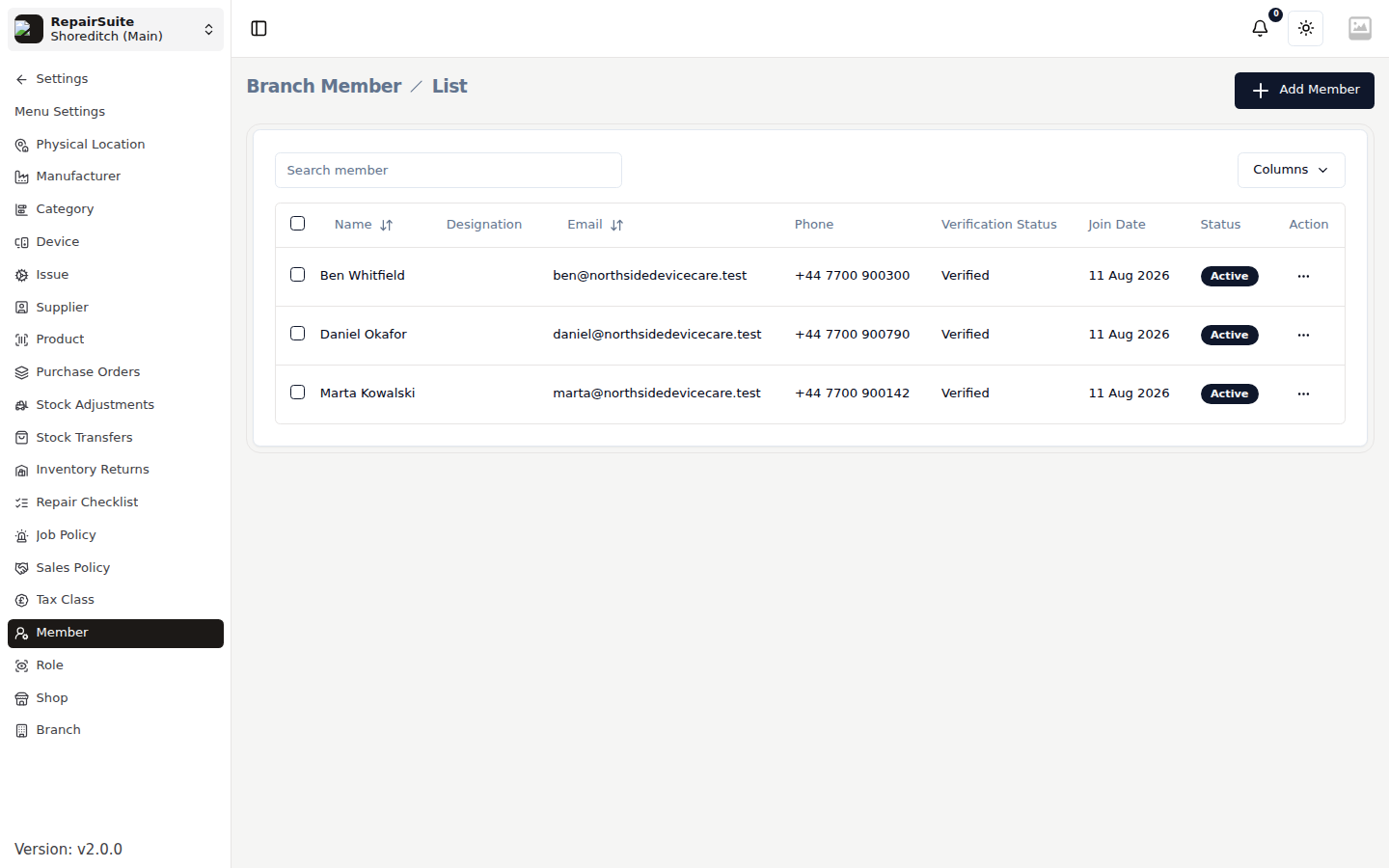 Member list showing each staff member with their name, email, phone, role and status