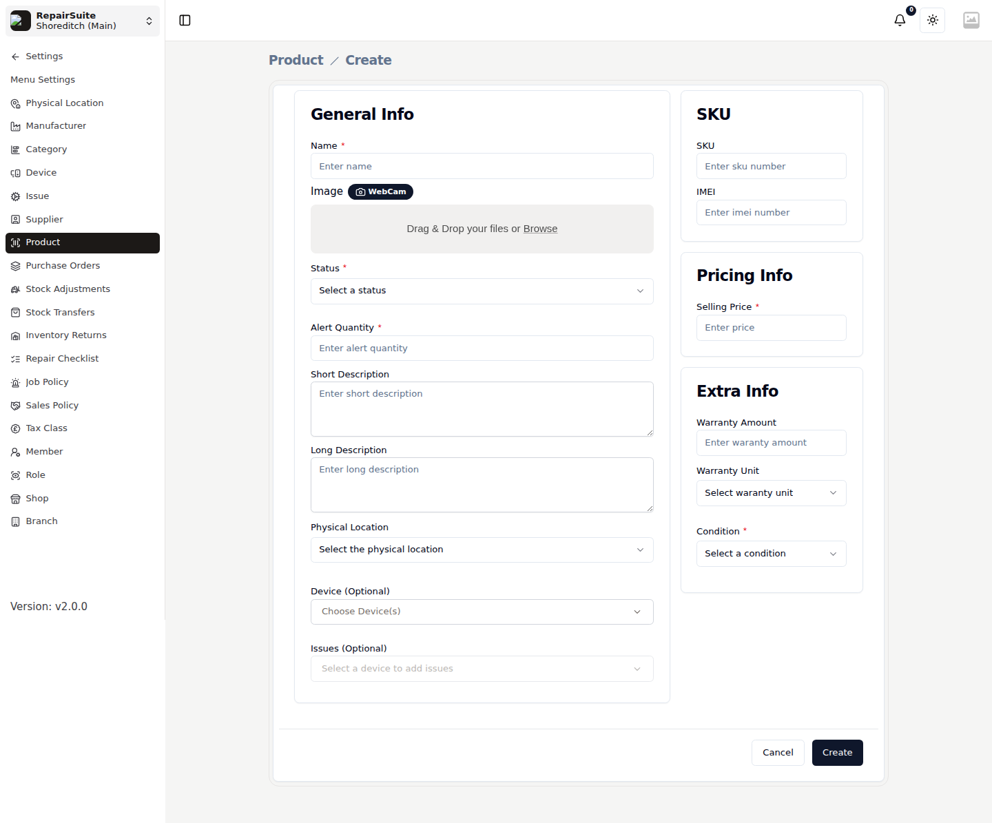 Product create form with general info, image upload, status, alert quantity, descriptions, physical location, device and issue links, alongside SKU, pricing and warranty panels