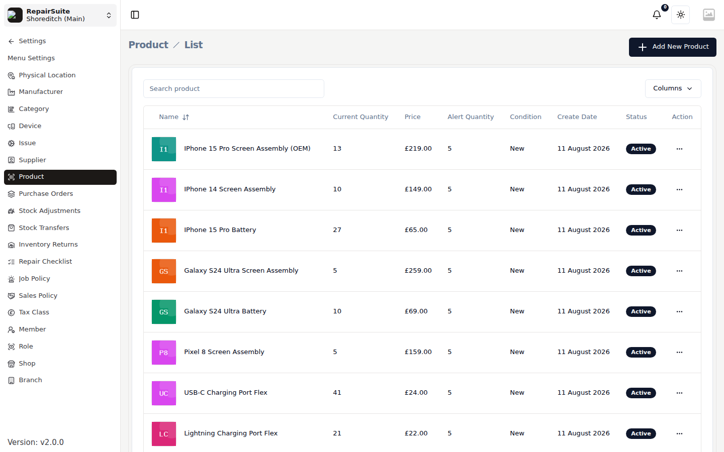 Product list showing each product with its image, name, SKU, price, status and stock