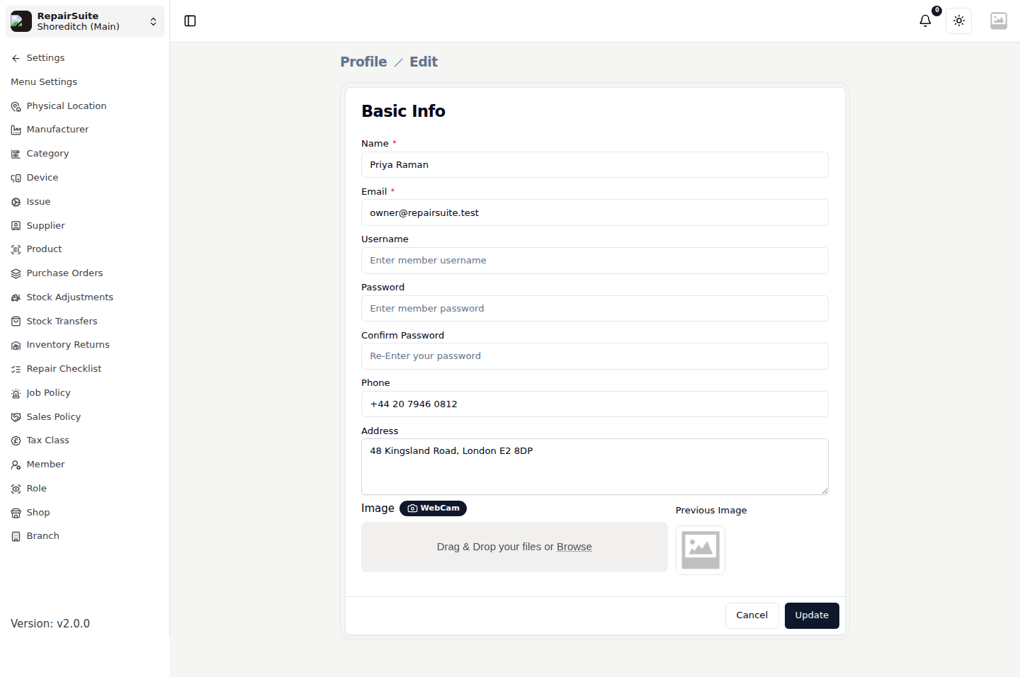 Profile edit form with name, email, username, password, confirm password, phone, address and an image upload