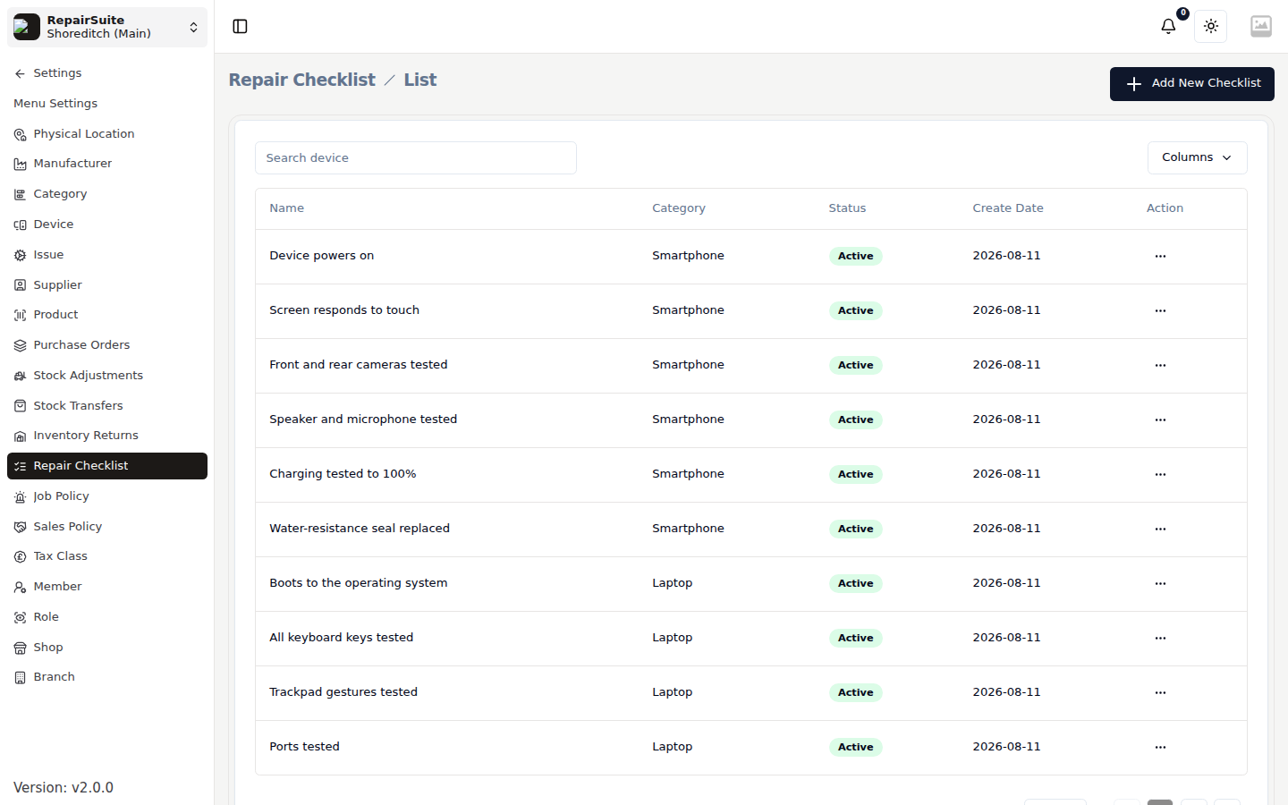 Repair checklist list showing pre-defined checklists by device category