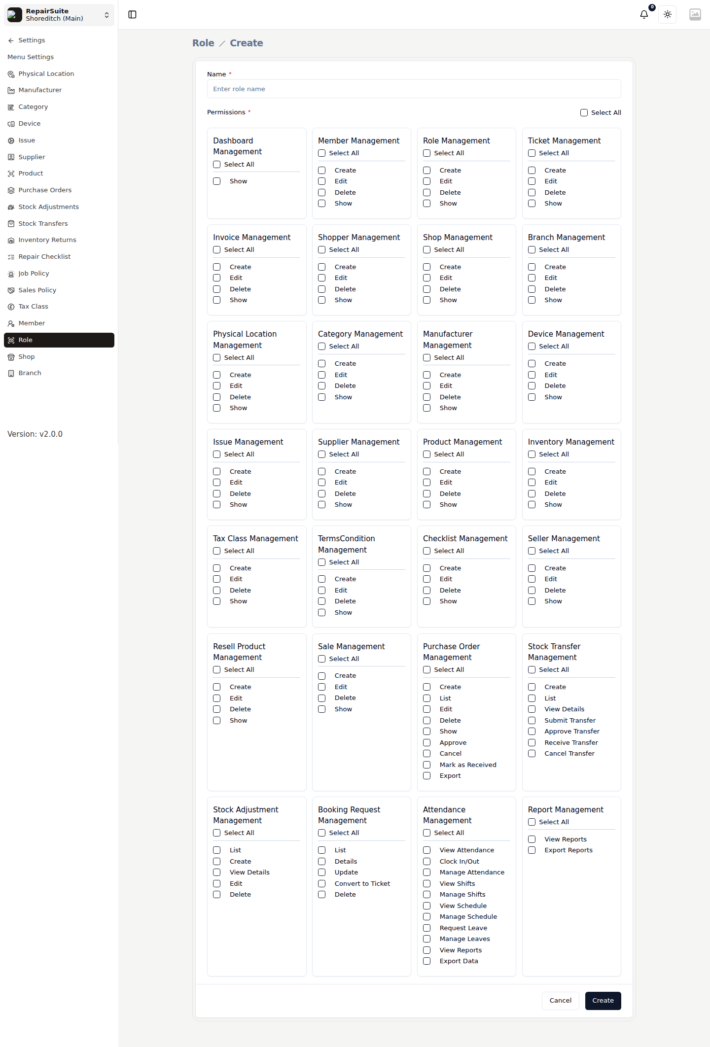 Role create form with a name field and permission checkboxes grouped by module, each with a Select All shortcut