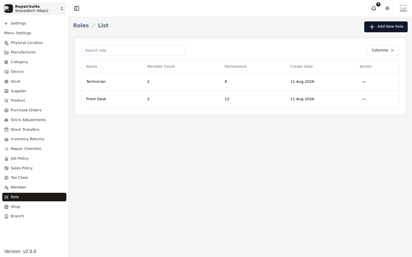 Roles list showing custom roles with permissions summary