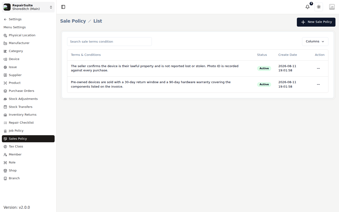 Sales Policy settings showing the purchase and sale terms with their rich-text editors and status