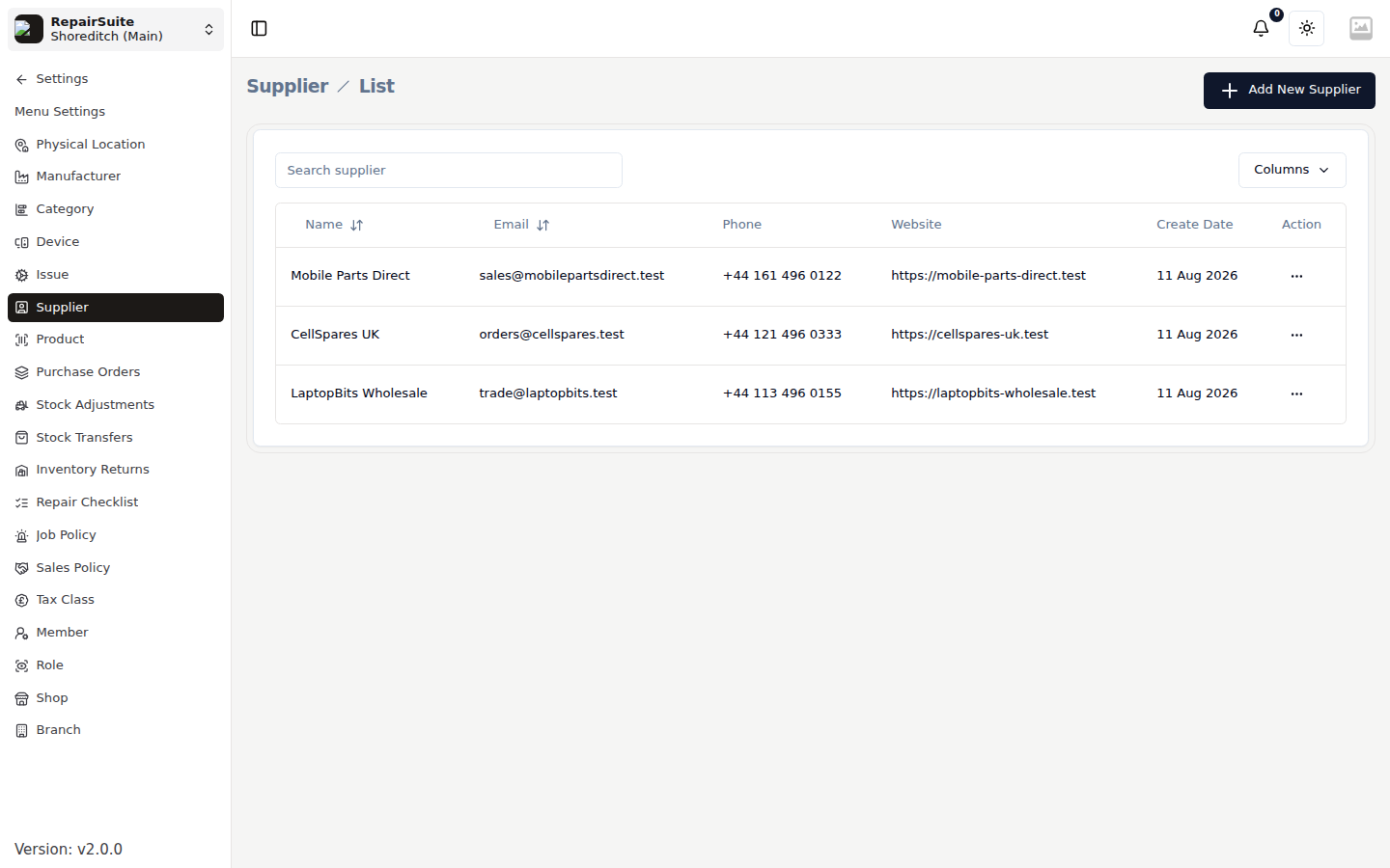 Supplier list with name, contact, and product count