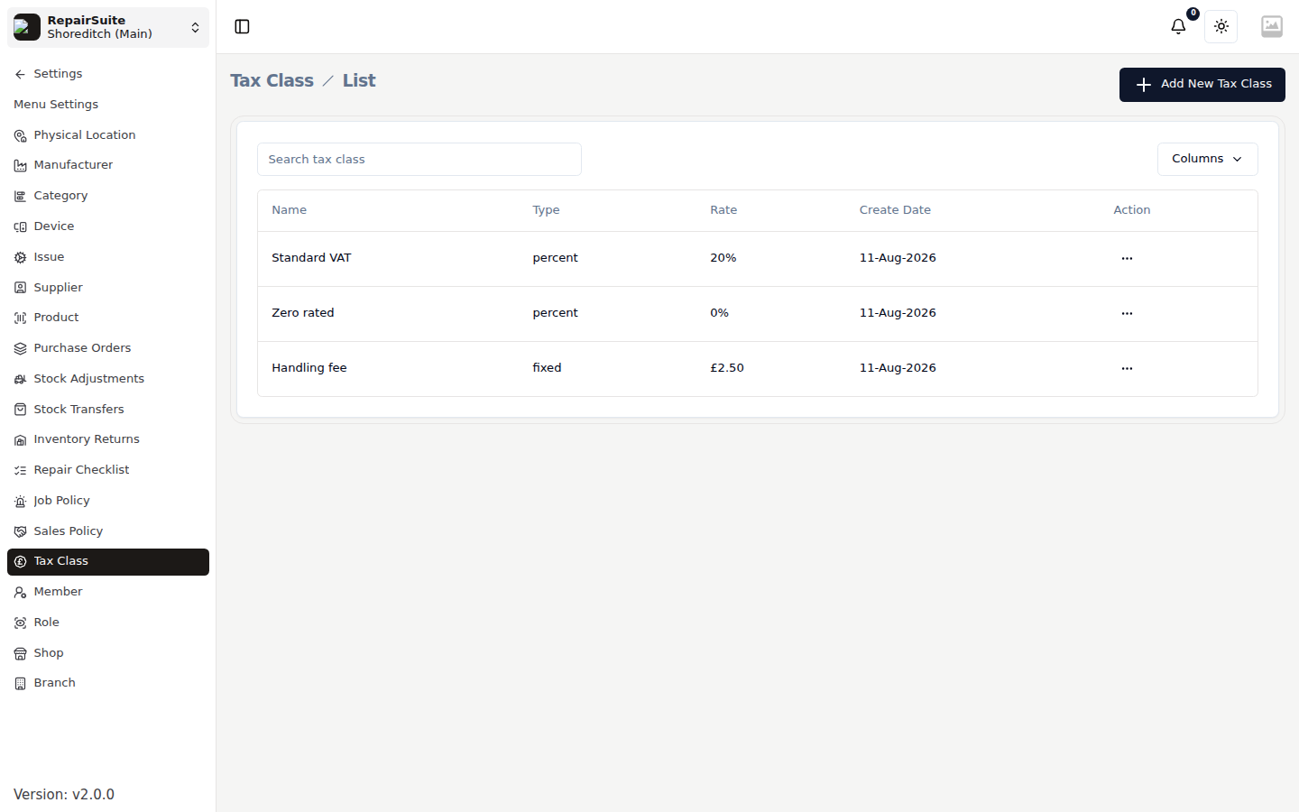 Tax class list showing VAT rates and applicable product categories