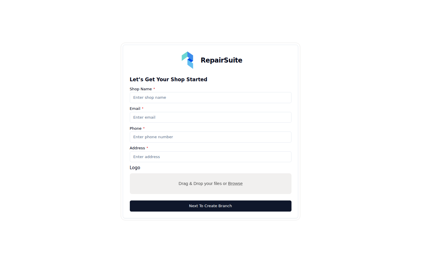 Shop creation form with fields for the shop name, email, phone, address and logo upload