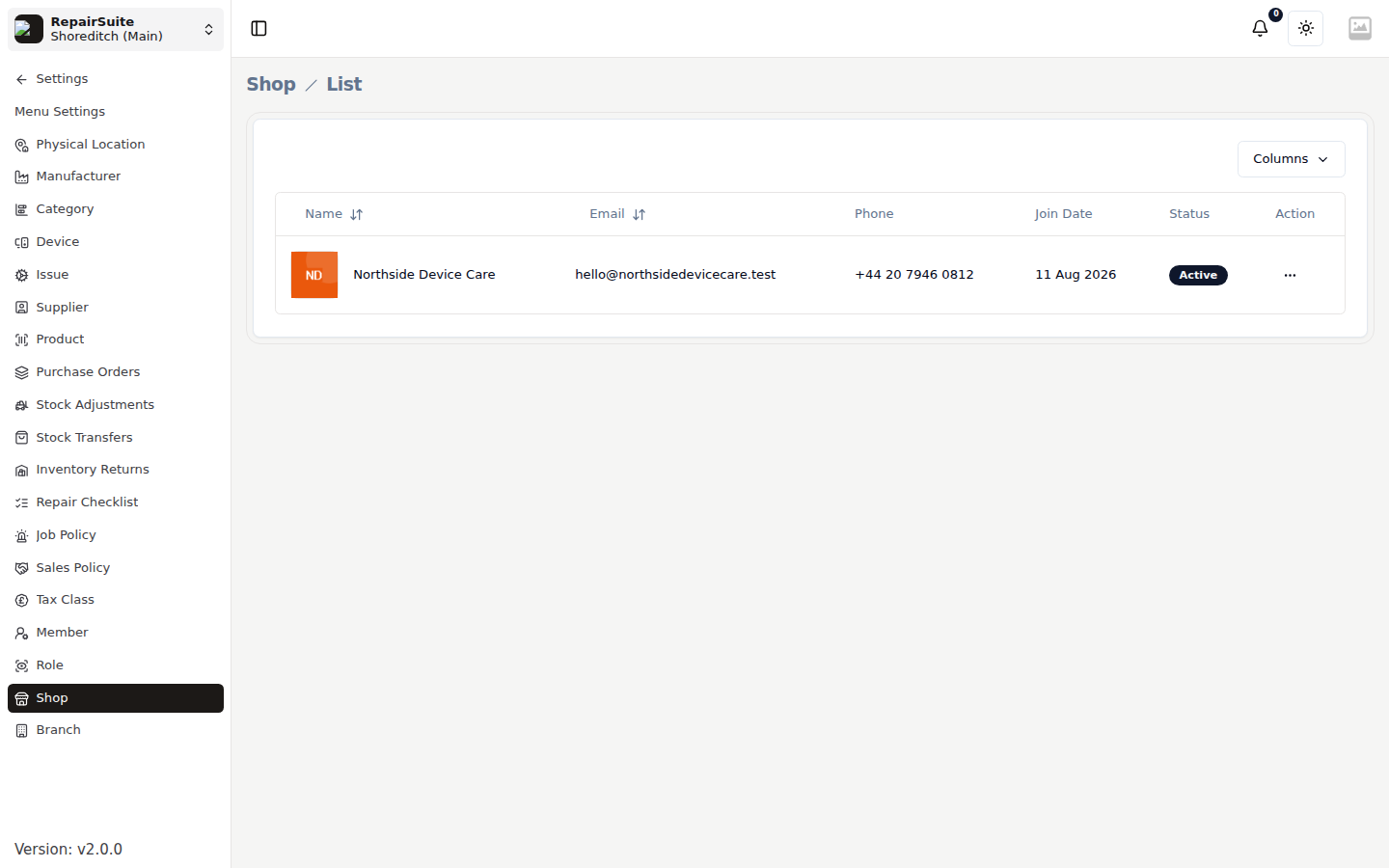 Shop list showing the shop with its email, phone, status and row actions
