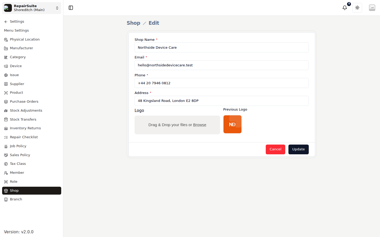 Shop update form with the shop name, email, phone, address and logo upload