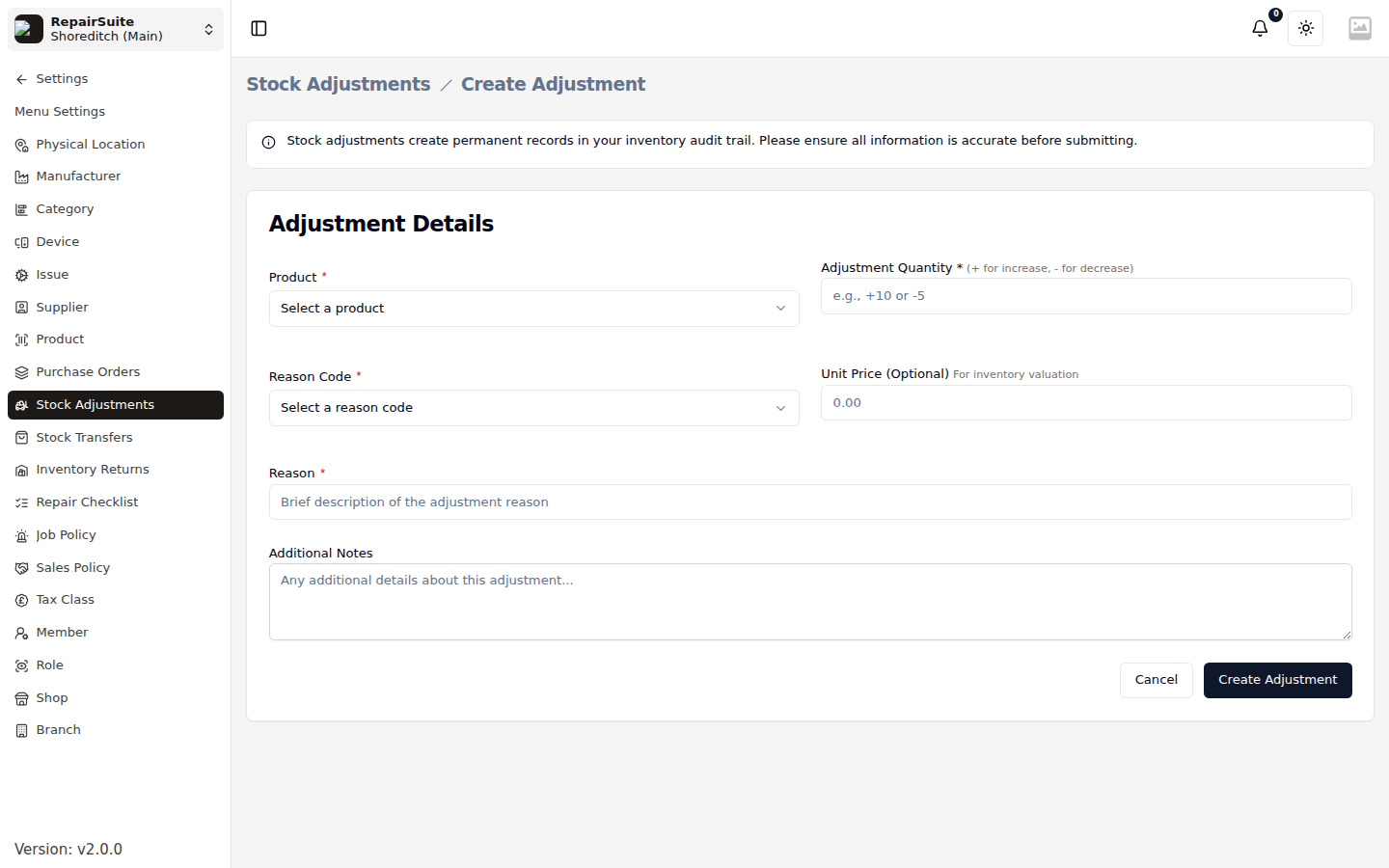 Create adjustment form with product, adjustment quantity, reason code, unit price, reason and additional notes