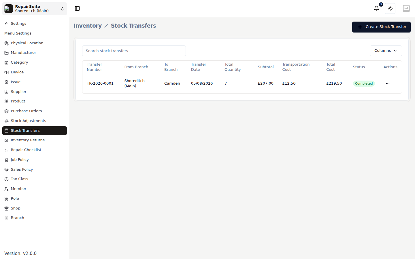 Stock transfer list showing transfer number, source and destination branch, status, quantity and value