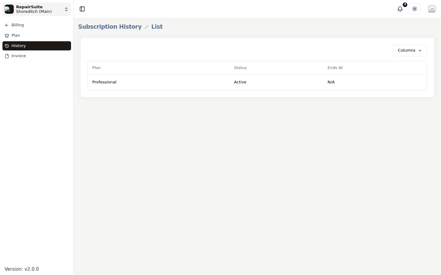 Subscription history listing each subscription with its plan, dates and status