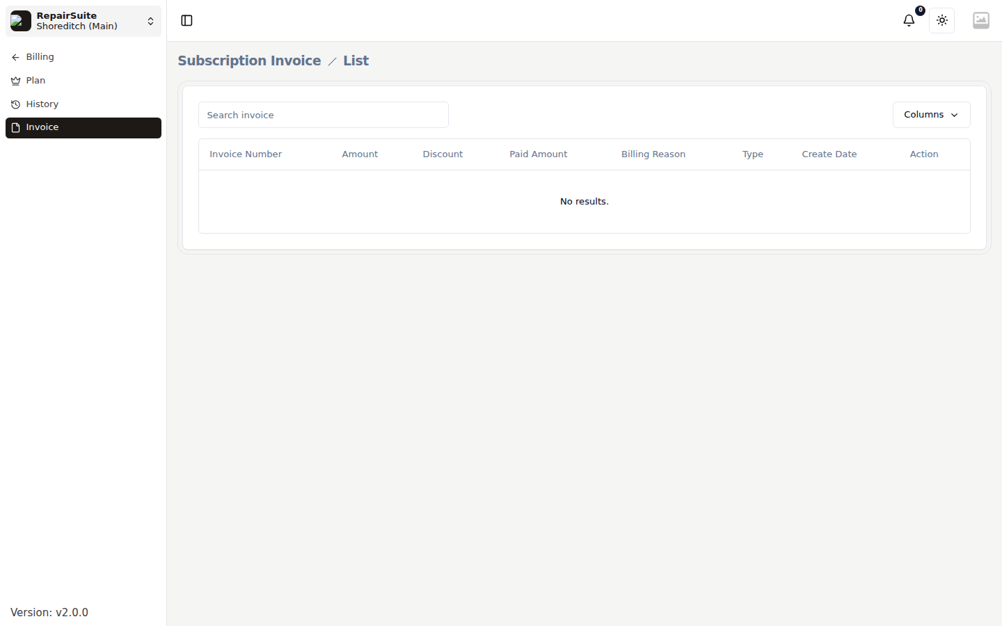 Subscription invoice list with invoice number, date, amount and a download action