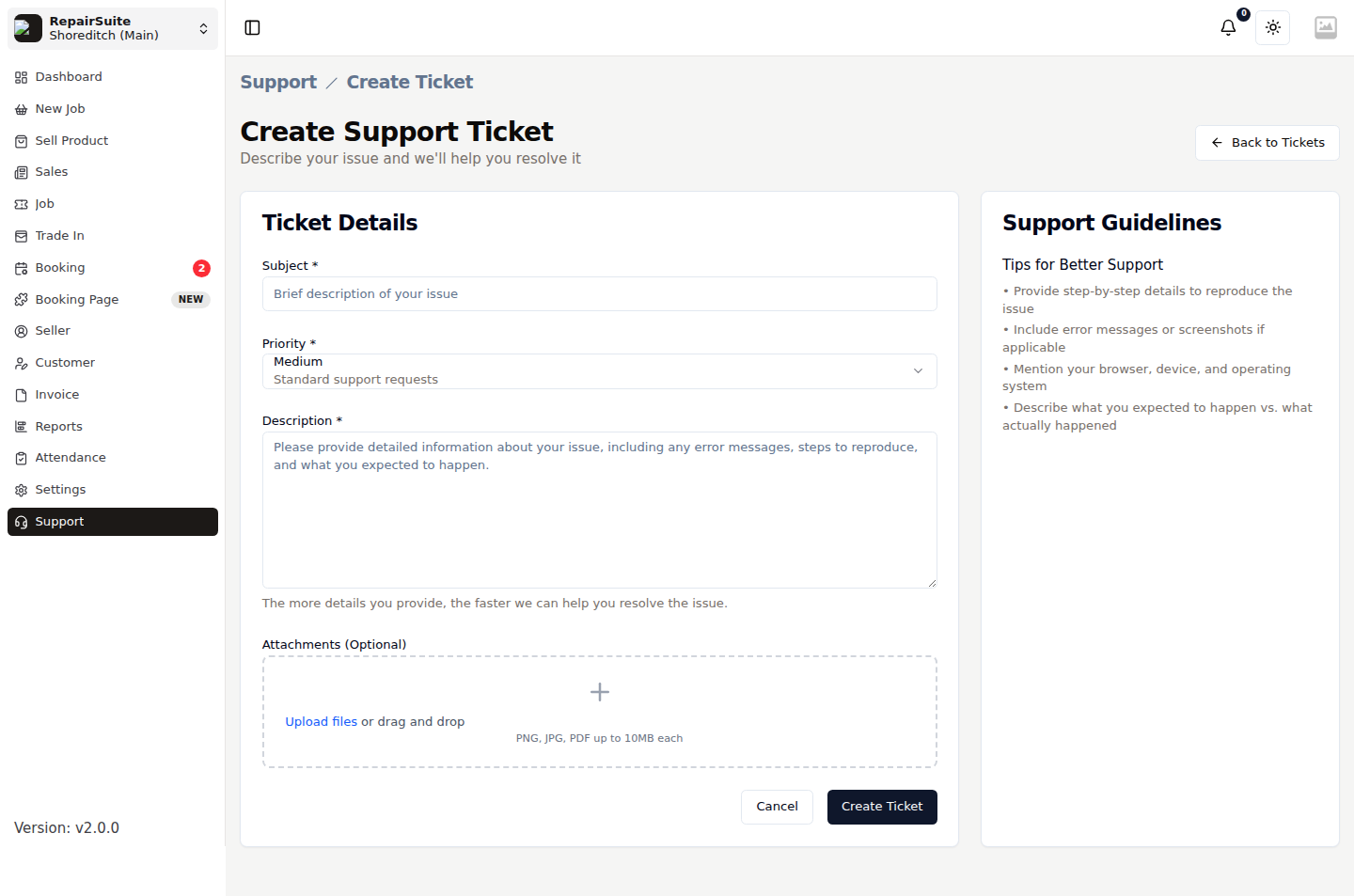 Support ticket create form with subject, priority, description and attachment upload