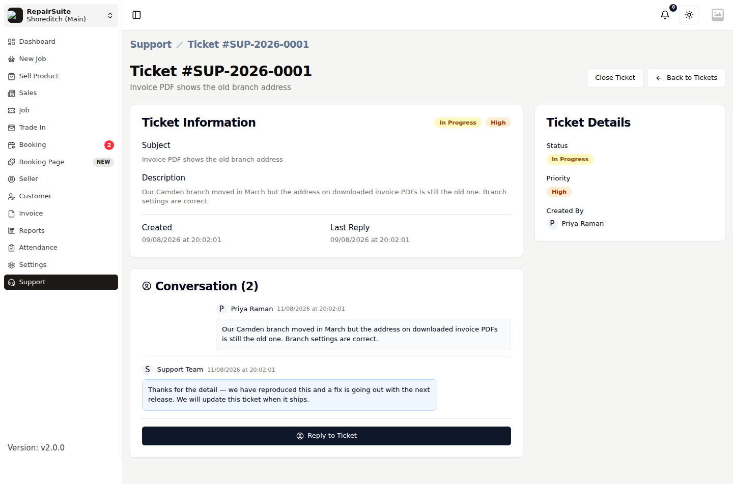 Support ticket detail showing the original message and the reply thread between the shop and the support team