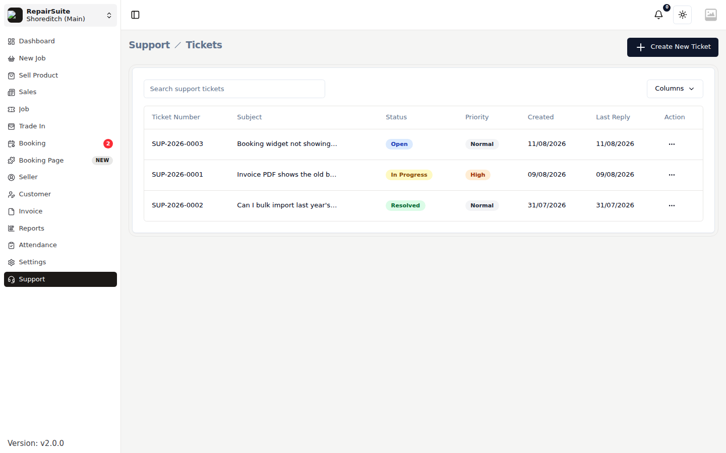 Support ticket list showing ticket number, subject, priority, status and last reply for each ticket