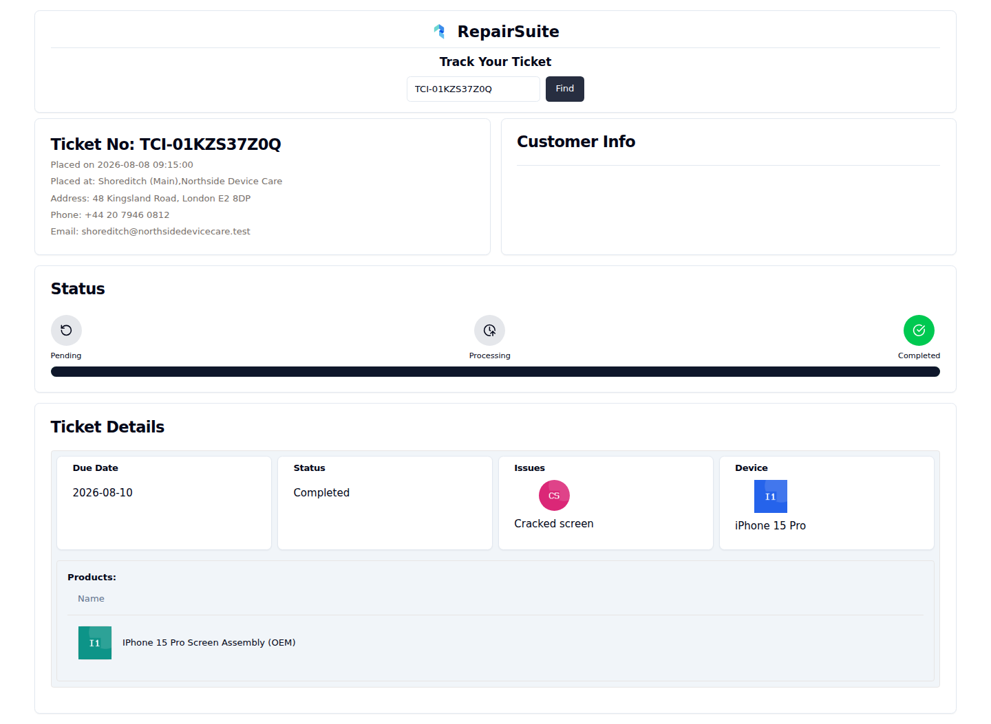 Public job tracker showing the status timeline, device, reported issue and parts for a tracked job