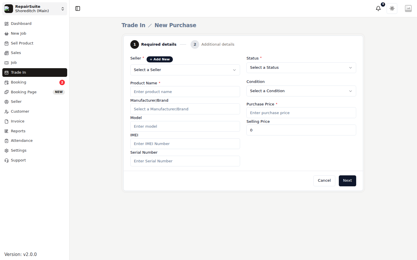 Trade Purchase wizard showing device identity, condition and pricing fields