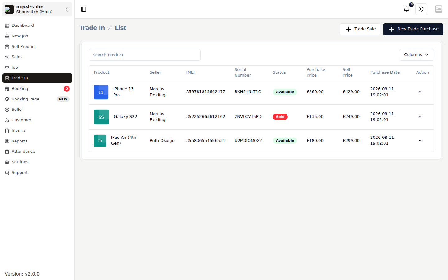 Trade In list showing bought devices with seller, IMEI, status, purchase price and sell price